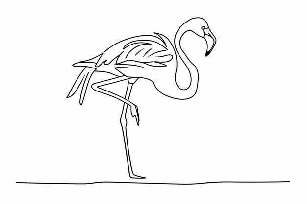 Continuous line drawing of flamingo staying on leg Black and white minimalist hand drawn