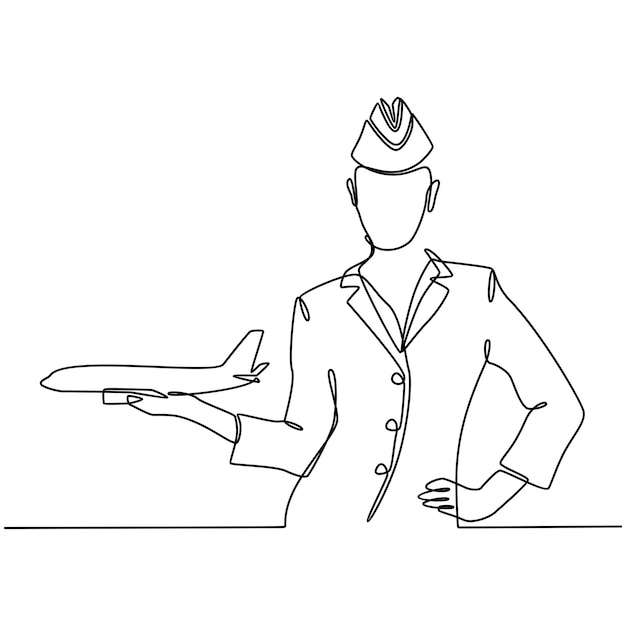 continuous line drawing of a flight attendant holding a plane in hand vector illustration