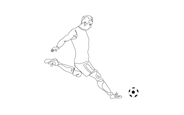 Continuous line drawing of football player kicking ball