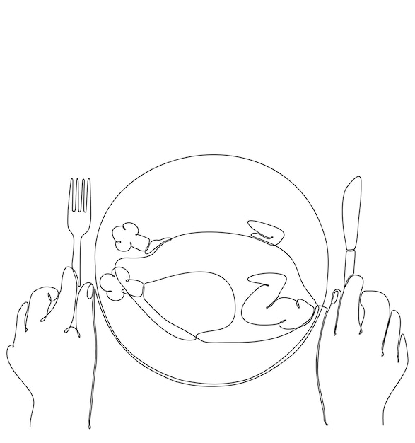 Illustrazione vettoriale del logo della cucina del piatto di pollo fritto con disegno a tratteggio continuo