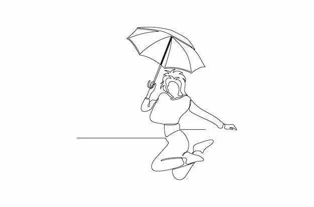 Continuous line drawing of a girl jumping for joy with umbrella on hand isolated on white background