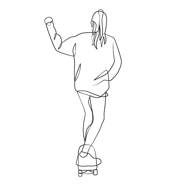 Disegno a tratteggio continuo di una ragazza che gioca a skateboard giocatore di skateboard con un disegno a tratteggio