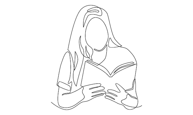 Continuous line drawing of girl reading book