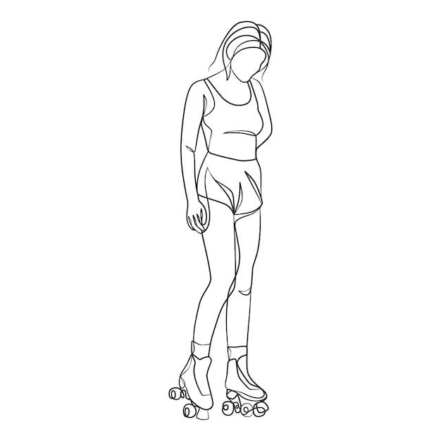 Vector continuous line drawing of girl on rollers one line drawing of woman on roller skate