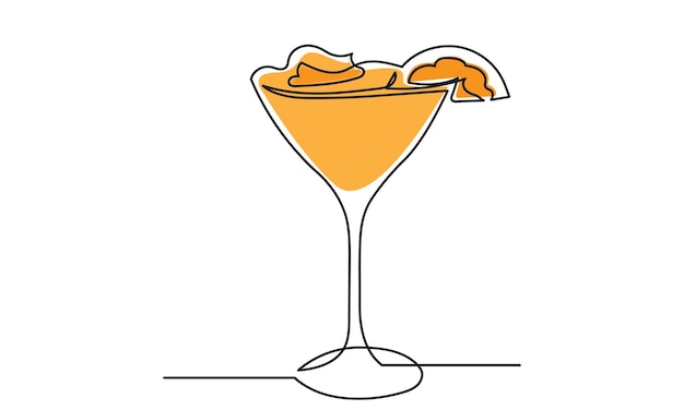 Continuous line drawing of a glass of orange juice with orange pieces