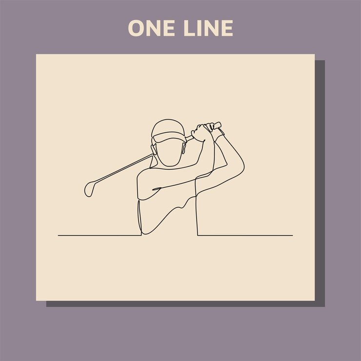 Continuous line drawing of the Golfer hit the ball in full swing to compete
