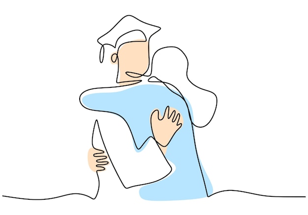 Continuous line drawing of graduation men student with his friend is hugging each other Celebration ceremony master degree academy graduate design sketch outline drawing vector illustration