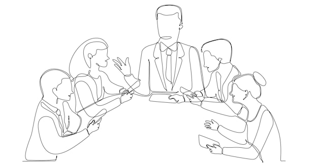 Disegno a tratteggio continuo di un gruppo di uomini d'affari che discutono nella sala conferenze.