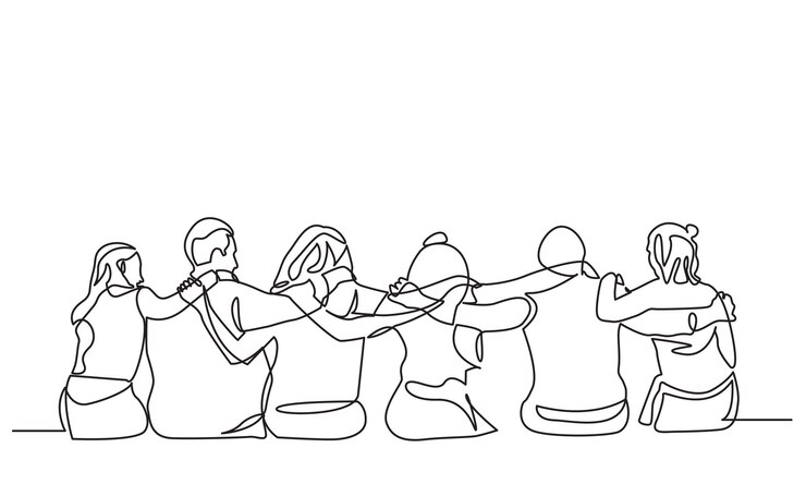 continuous line drawing a group of men and women hugging together to show their Friendship