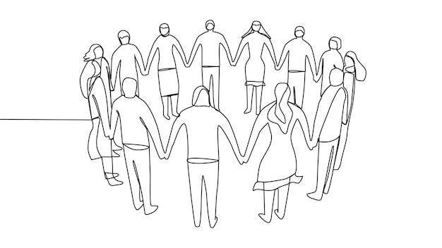 Непрерывное рисование линий группы людей, сидящих стоя, встречающихся и поддерживающих
