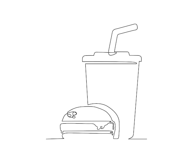 Disegno a linea continua dell'illustrazione vettoriale di hamburger e bevande analcoliche stile minimalista disegnato a mano a linea singola per hamburger