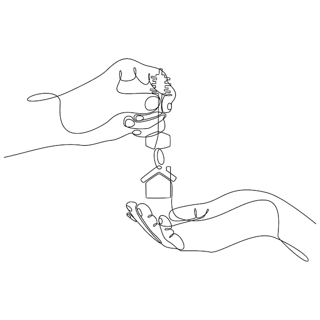 Continuous line drawing of hand giving house keys as sign of legally buying house vector