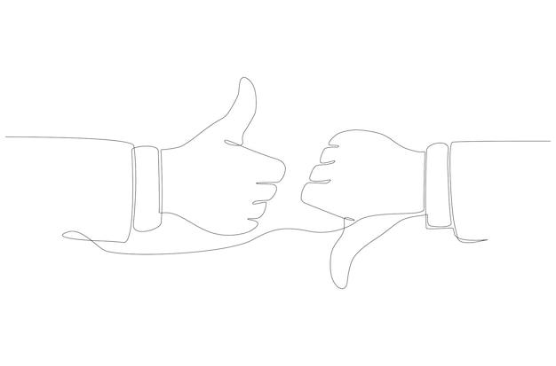 Непрерывный рисунок линии руки, показывающей большой палец вверх и вниз векторной иллюстрации Premium векторы