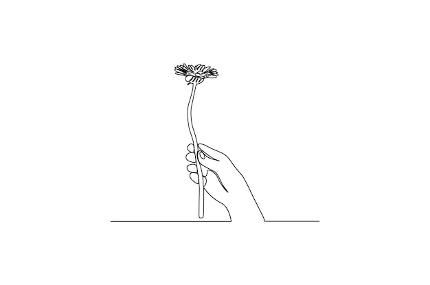 Непрерывный рисунок руки, держащей красивый цветок векторная иллюстрация Premium векторы