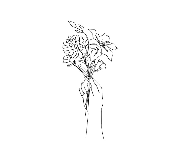 Disegno a linea continua della mano che tiene bellissimi fiori bouquet di bellissimi fiori linea semplice arte con tratto attivo concetto di fiorista