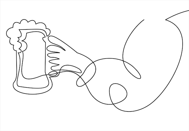 Непрерывный рисунок руки, держащей пивной бокал