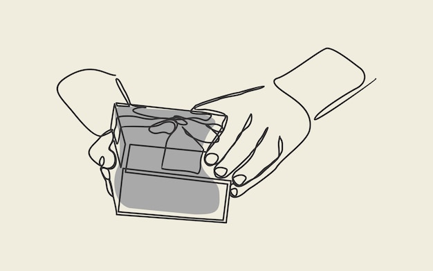 Vettore disegno a tratteggio continuo della mano che tiene l'illustrazione di vettore della scatola regalo di compleanno a sorpresa