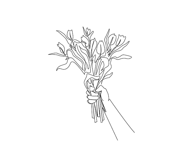 Vettore disegno a linea continua della mano che tiene bouquet di fiori la mano tiene tulipani di peonia fiore semplice linea arte con tratto attivo concetto di fiorista