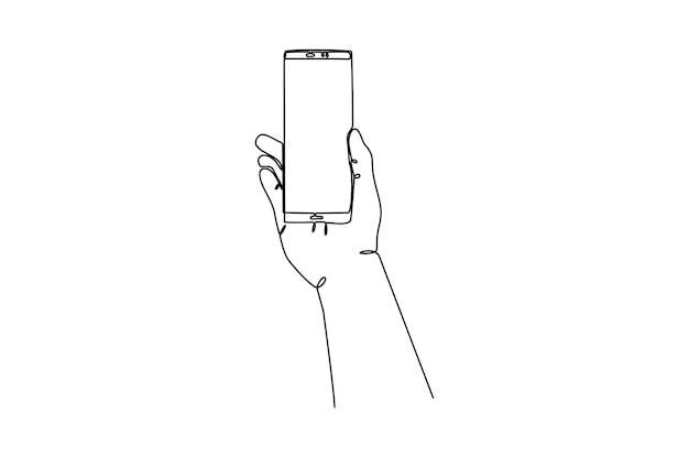 Continuous line drawing of a hand holding cellular phone vector illustrations premium vector