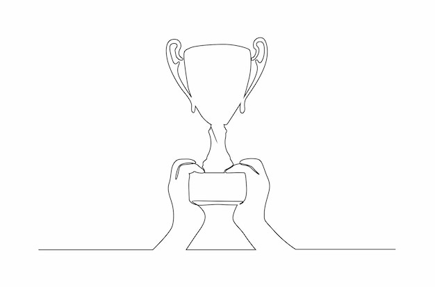 Linea continua che disegna una mano che tiene il trofeo del campione illustrazione vettoriale vettore premium