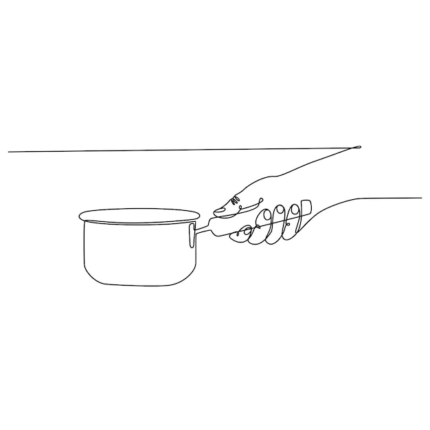 continuous line drawing of a hand holding a cooking pot vector illustration