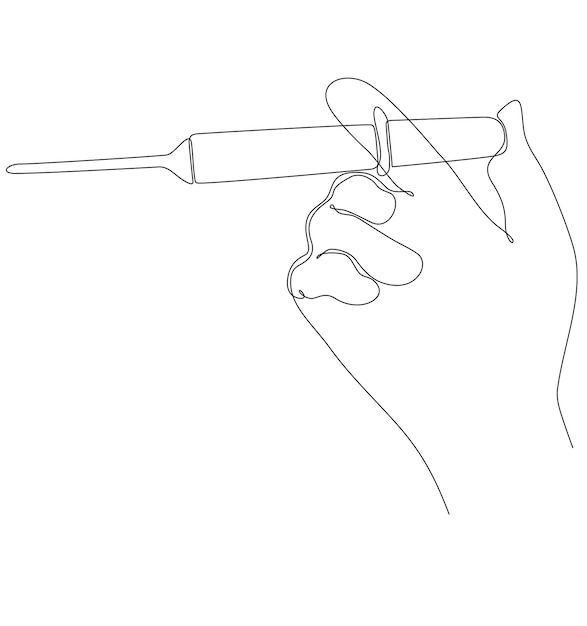 Vettore mano di disegno a linea continua che tiene una siringa covid19