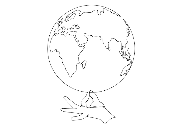 Continuous line drawing of Hand Holding Earth Globe. Single one line drawing of hand hold globe.