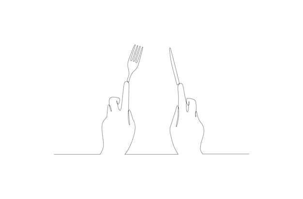 Continuous line drawing of a hand holding a fork and knife dining table concept Premium Vector