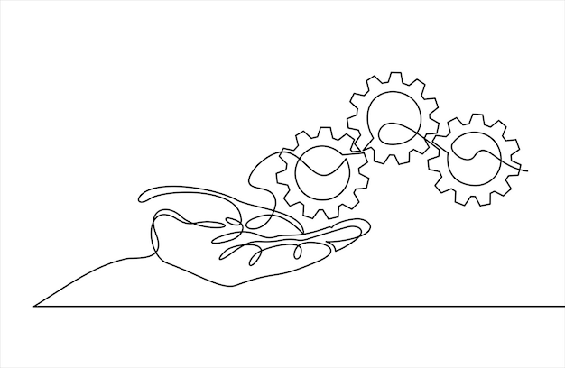 Continuous line drawing of a hand holding gears.