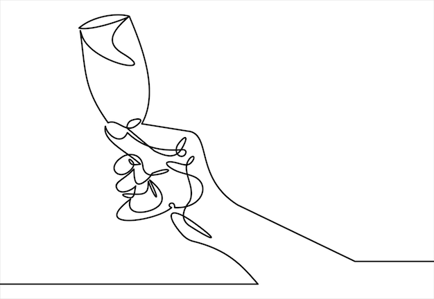 Continuous line drawing of hand holding glass Template for your design Vector illustration