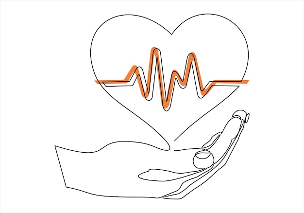 Continuous line drawing hand holding heart with pulse illustration icon isolated