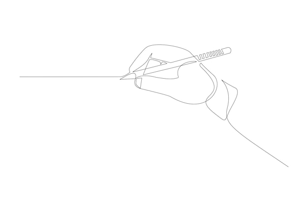 Continuous line drawing of hand holding pen to draw a line vector illustration Premium Vector