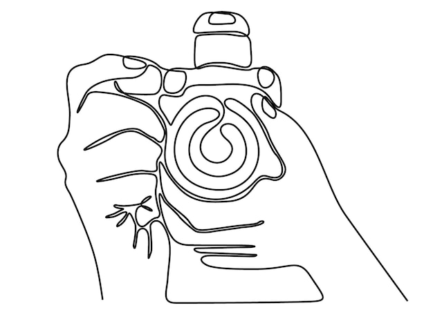 Vettore disegno a linea continua di una mano che tiene una macchina fotografica mentre fa una foto