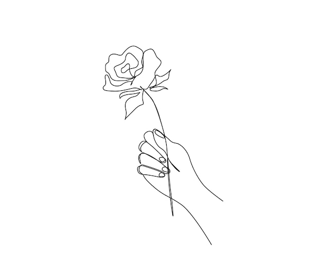 Continuous line drawing of hand holding rose Beautiful rose flower simple line art with active stroke