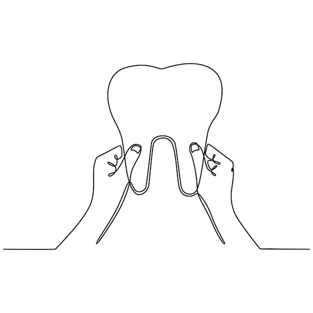 Disegno a tratteggio continuo mano che tiene i denti cure odontoiatriche e concetto di protezione illustrazione vettoriale