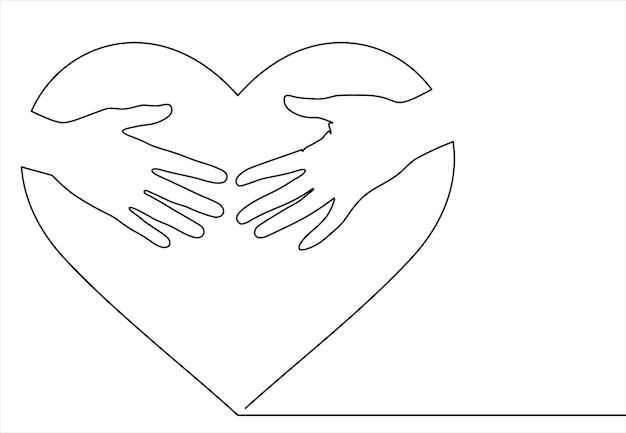 continuous line drawing of hand hugging heart, hug. Vector
