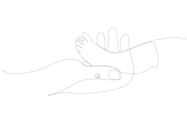 Il disegno a tratteggio continuo di una stimolazione della mano ai piedi del bambino vector l'illustrazione vettore premium