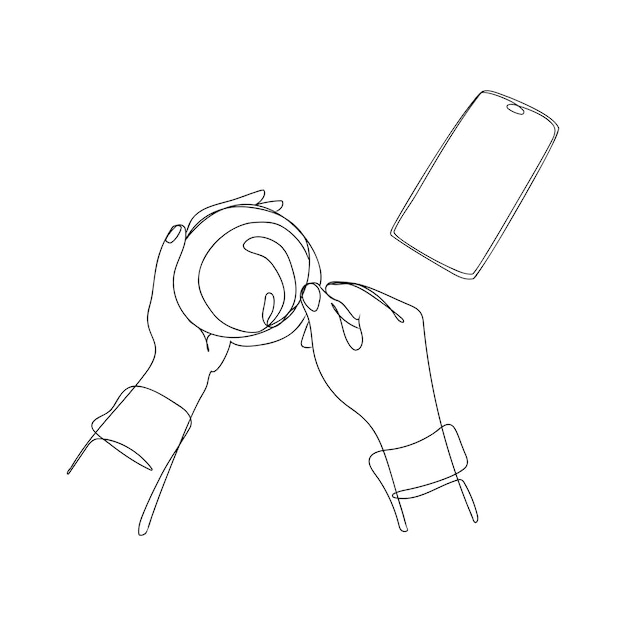 Continuous line drawing of hand using modern mobile phone.Human hands holding smartphone vector