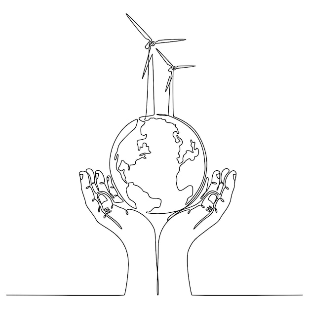 Vector continuous line drawing of hand with globe energy saving concept vector illustration