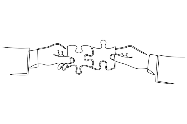 Vector continuous line drawing of hands combining two pieces of puzzle cooperation concept