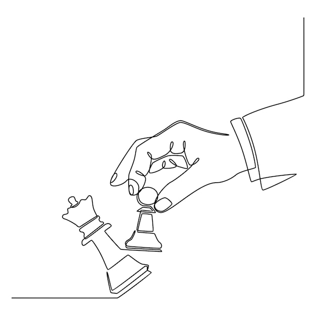 Vector continuous line drawing of hands holding the figure of a chess piece and knocking out the queen