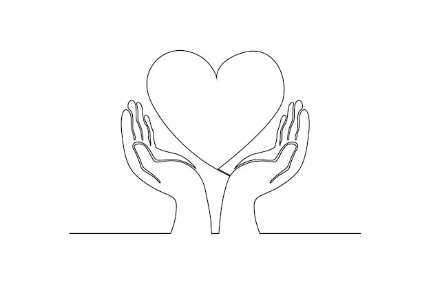 Disegno a tratteggio continuo delle mani che tengono l'illustrazione vettoriale di amore del cuore vettore premium