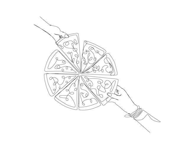 Disegno a tratteggio continuo delle mani che prendono la fetta di pizza mani che tengono la pizza linea singola art