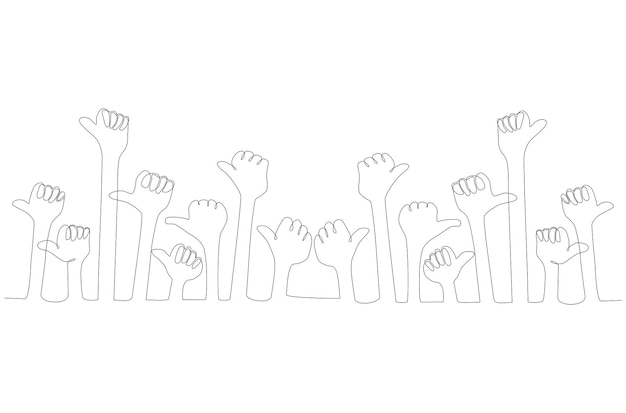 Vector continuous line drawing of hands up and giving thumb vector illustration premium vector