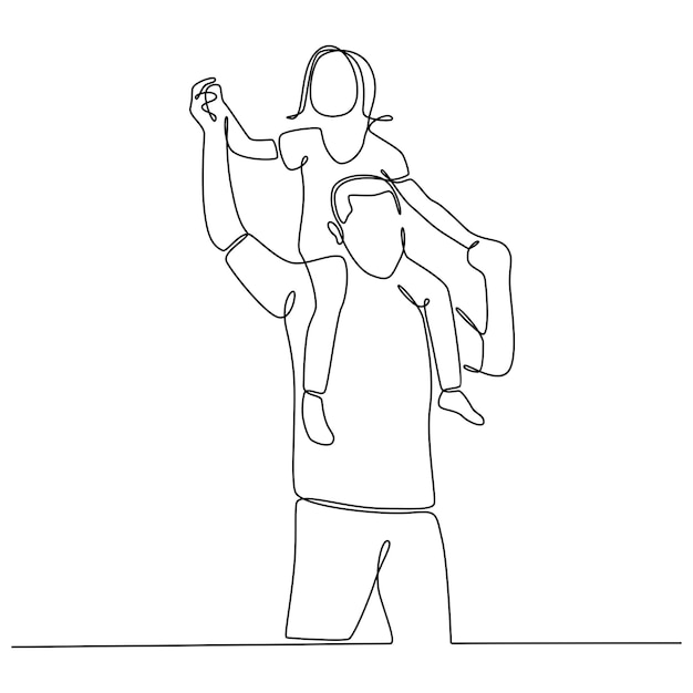 continuous line drawing happy father piggybacking cute little daughter playing with dad vector