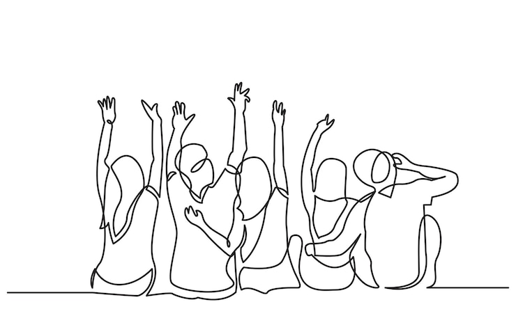 continuous line drawing of happy group friends' hands rising to sit on the bench