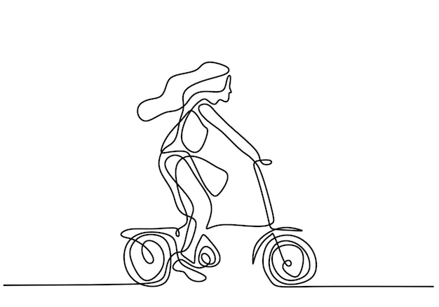 Continuous line drawing of happy woman cycling ride folded bicycle Young energetic girl riding bicycle on the street isolated on white background Healthy lifestyle concept Vector illustration