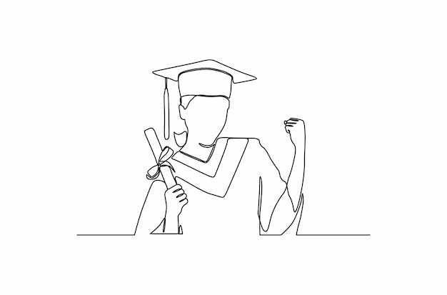 Continuous line drawing of a happy woman for her graduation vector illustration Premium Vector