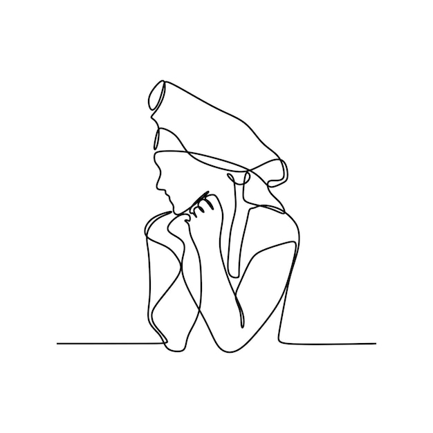 Vector continuous line drawing of happy young mother looking at daughter preparing dish
