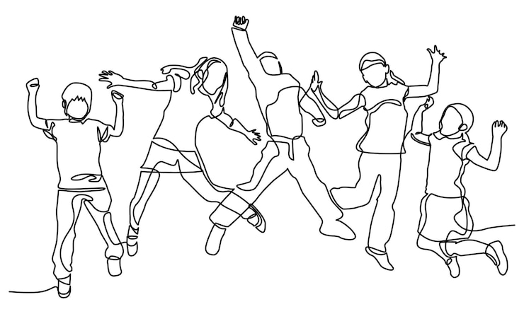 Continuous line drawing of Happy Younge girl boys